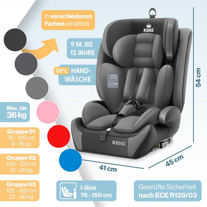 Autokindersitz mit Isofix i-Size R129 100-150cm bis 12 Jahre, Kinderautositz Gruppe 1/2/3, mitwachsender Kindersitz, 5-Punkt-Gurt & höhenverstellbare Kopfstütze, Sitzerhöhung Auto, Schwarz