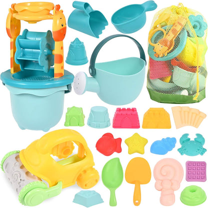 GOLDGE Sand Toy Set, 29 Pieces, Colourful Beach Toy, Sand Toy Set with Car Bucket, Castle Shapes, Mesh Bag, Water Toy for Boys and Girls