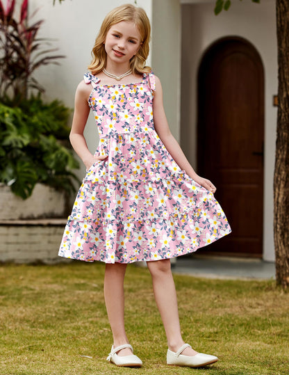 Arshiner Mädchen Kleider Fliege Trägerkleid Kinder Baumwolle Sommerkleid Ärmelloses A-Linie Swingkleid Schulterfrei Elegant Freizeitkleid für Mädchen 5-15 Jahre
