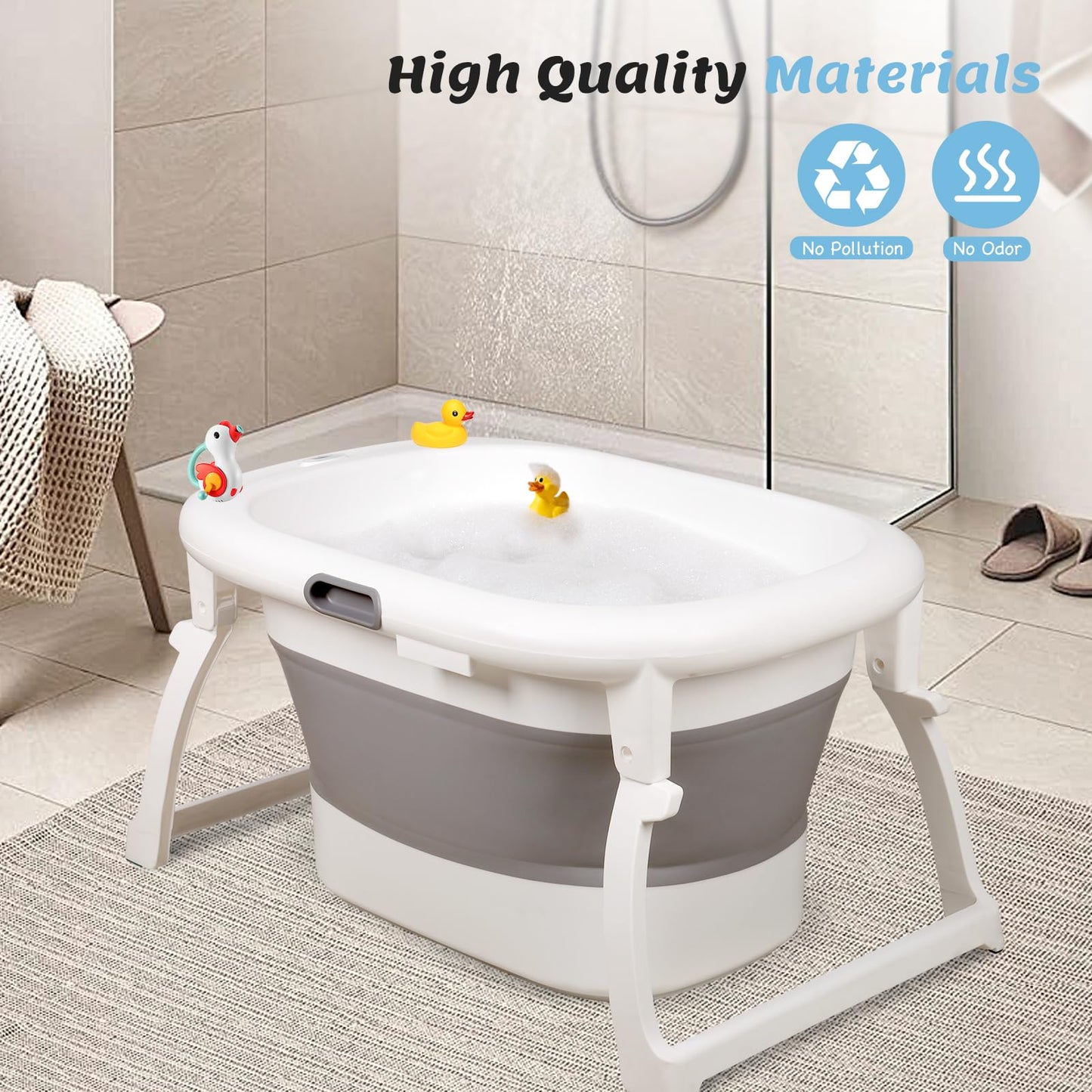 Schwänlein® Faltbare Baby Badewanne,81 * 48 * 24cm Baby Bathtub Babywanne Wanne Faltbar mit Badewannen Stützkissen Sitzmatte, Badebecken Duschwanne für Neugeborene Kleinkinder (grau)