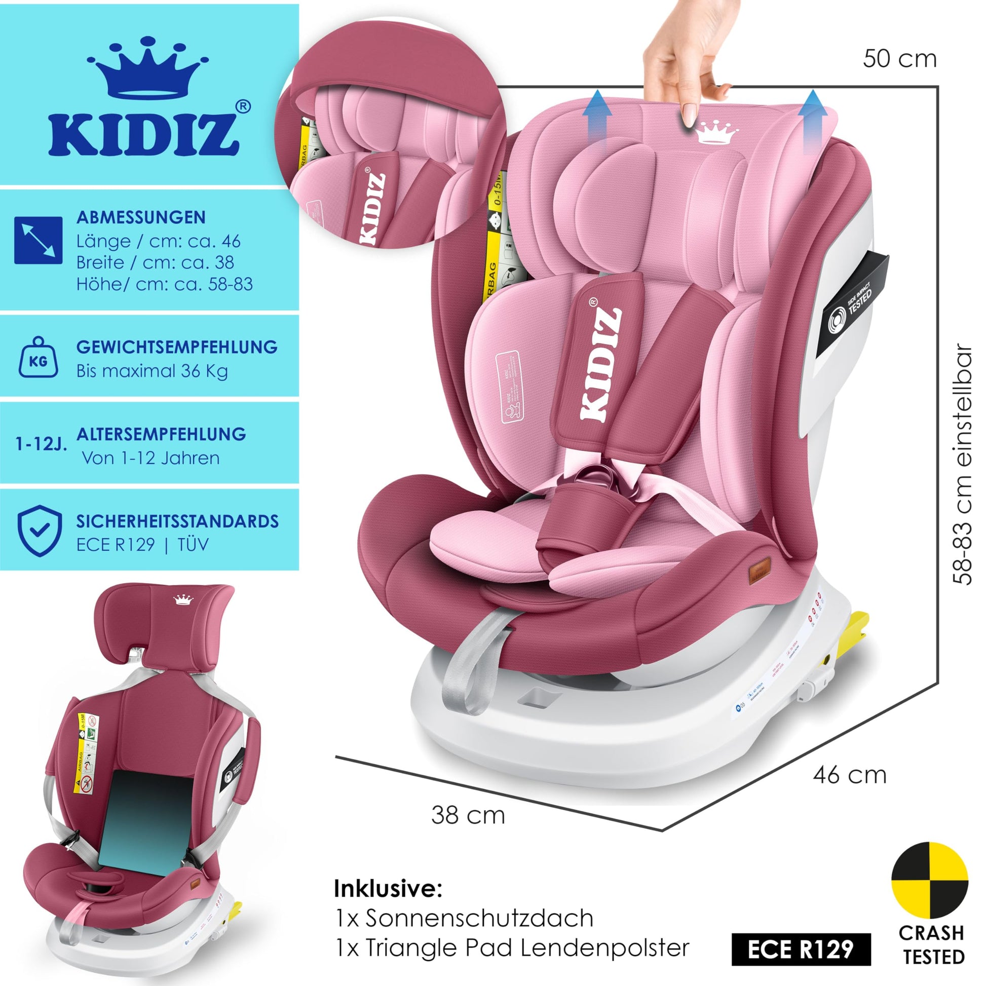 KIDIZ® Kindersitz Baby Autositz Kinderautositz Isofix Top Tether 360° drehbar Gruppe 0/1/2/3 ab Geburt 0-36kg Mit Sonnenschutzdach Seitenschutz 5 Punkt Gurt Kopfstützenverstellung ECE R129 Grau - Meloni2