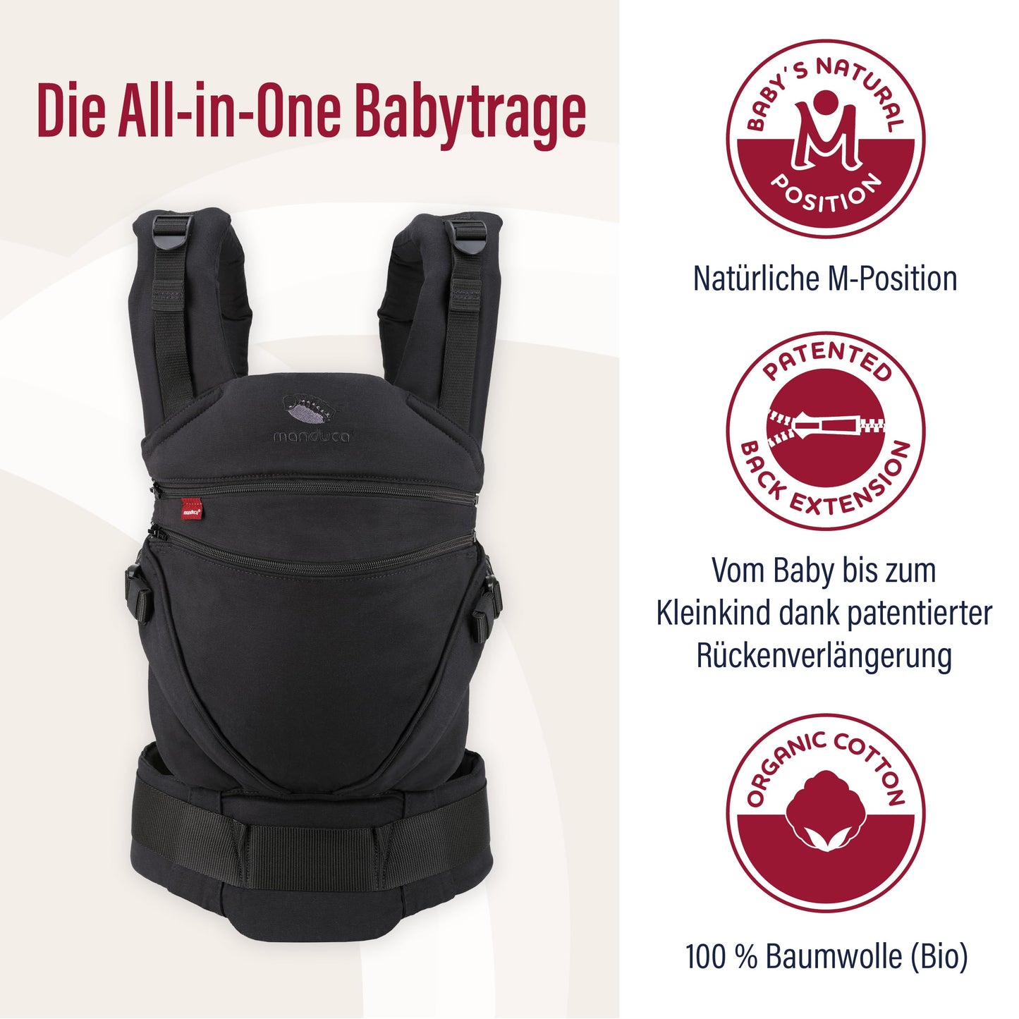 manduca XT Babytrage - Verstellbarer Sitz, der mitwächst - Vom Neugeborenen bis zum Kleinkind - Babytrage aus Bio-Baumwolle mit 3 Tragemöglichkeiten