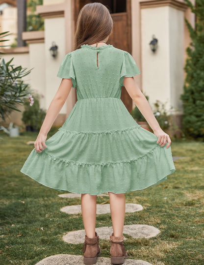 Arshiner Mädchen Kleid Festliches Rüschenärmel Sommerkleider V-Ausschnitt Partykleid Swiss Dot Stufenkleid Kinder A-Linie Swing Kinderkleid mit Tasche 3-12 Jahre
