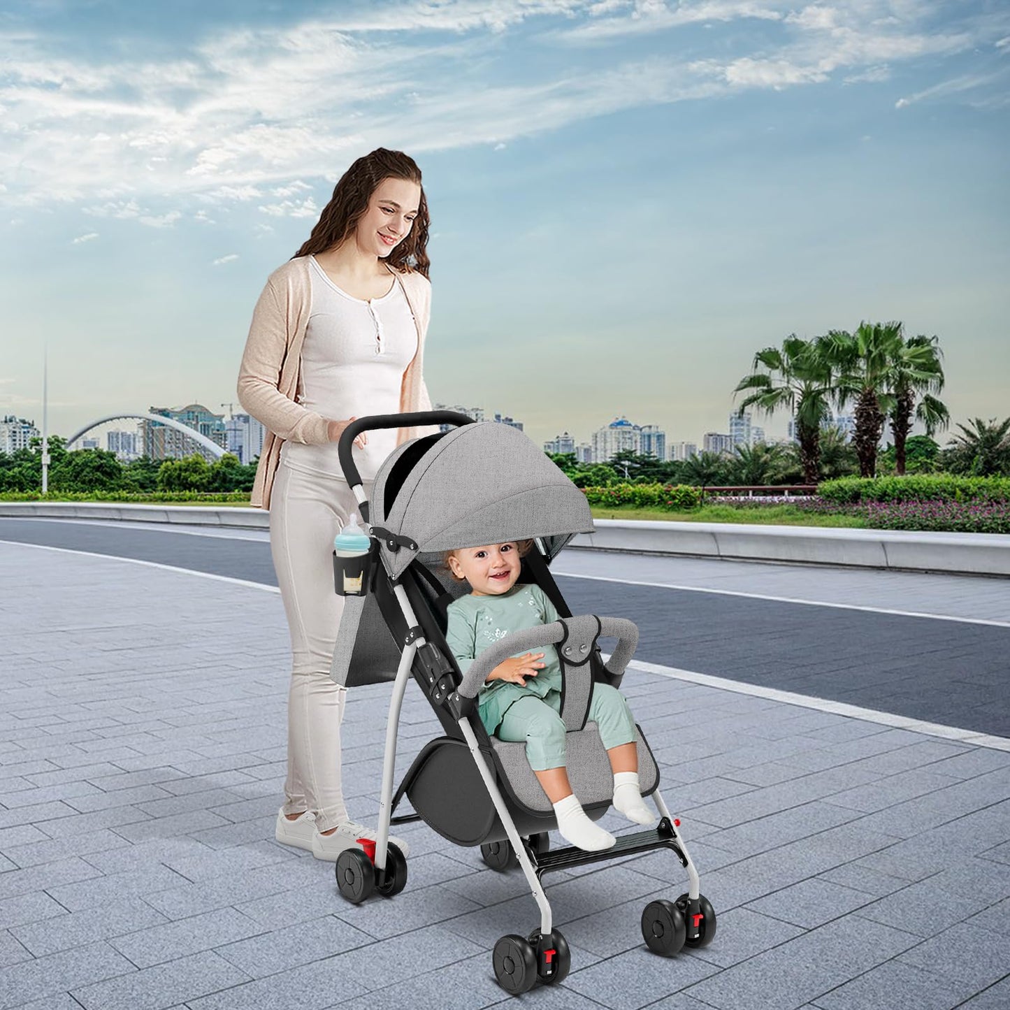 Buggy für Babys, ultraleicht, kompakt, faltbar und neigbar, von Geburt bis 25 kg, mit Trolley-System, Regenschutz inklusive, ausziehbarer Haube, C-schwarz