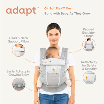 Ergobaby Adapt Babytrage für Neugeborene ab Geburt, 3-Positionen SoftFlex Mesh Ergonomische Babybauchtrage Rückentrage Baby-Tragetasche, Natural Beige, 1 Einheit