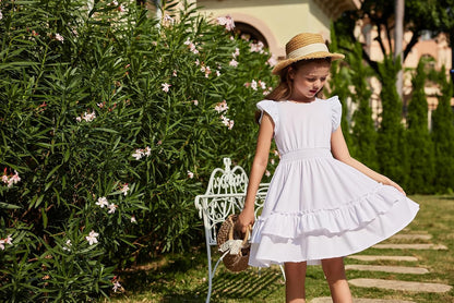 Arshiner Girls Dresses Flutter Sleeves Kids Summer Cotton Formal Dress A-Line Waist Lace-up Casual Dress Swing Dress Elegant Sleeveless Dress for Girls 5-13 Years 