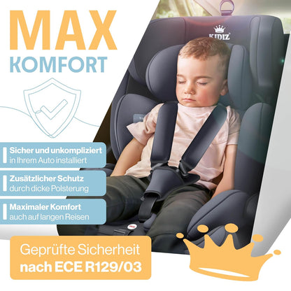 Autokindersitz mit Isofix i-Size R129 100-150cm bis 12 Jahre, Kinderautositz Gruppe 1/2/3, mitwachsender Kindersitz, 5-Punkt-Gurt & höhenverstellbare Kopfstütze, Sitzerhöhung Auto, Schwarz