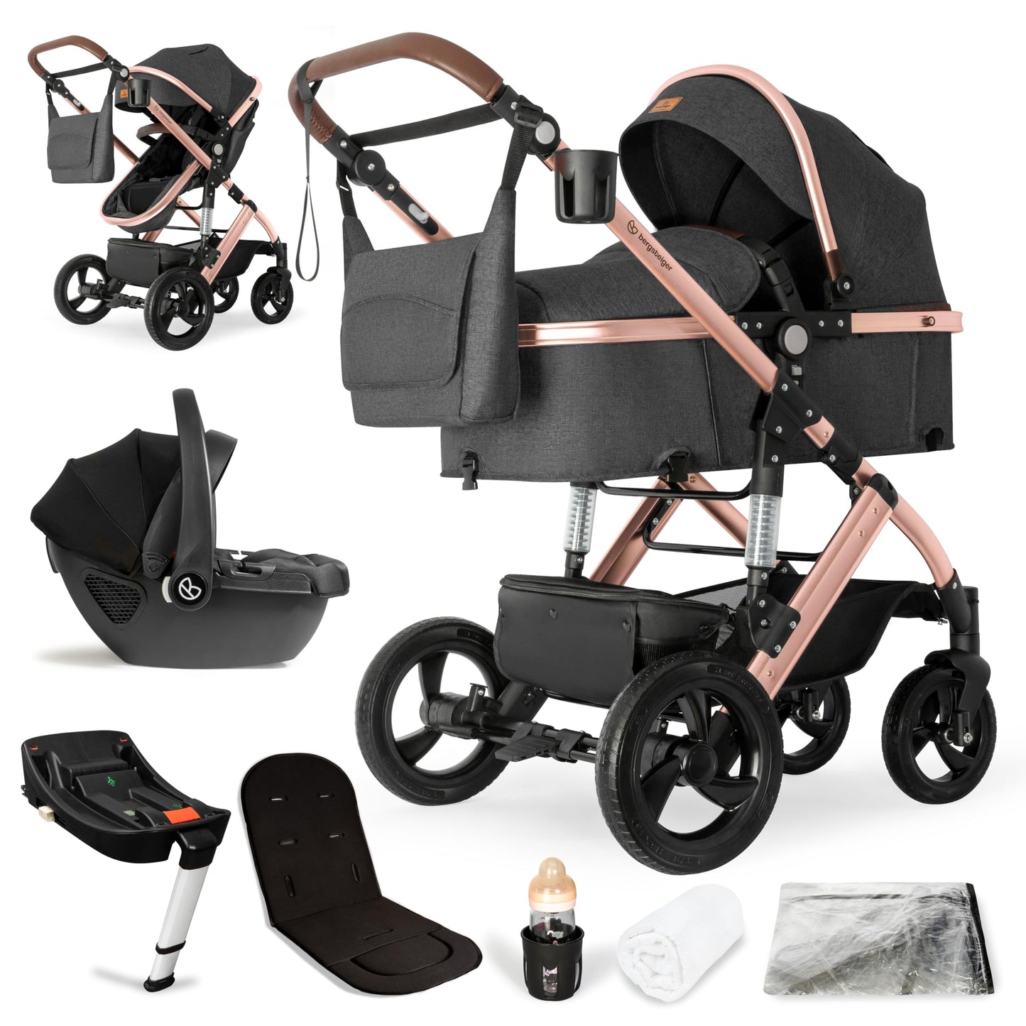 Bergsteiger Nizza 3 in 1 Kinderwagen, Kombikinderwagen Komplettset, Auto-Babyschale & Isofix Station, Babywanne & Buggy Sportsitz inklusive