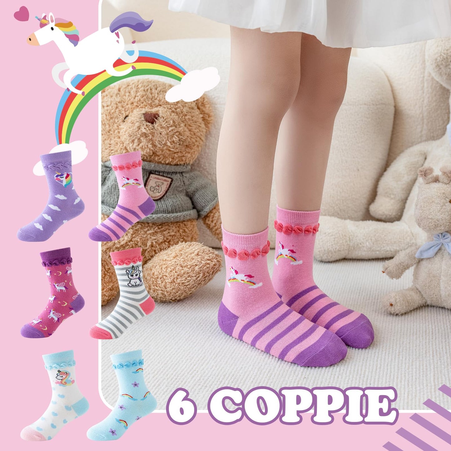 Cirorld Socken Kinder Mädchen Lustige Einhorn Meerjungfrau Tiergesicht Socken Süße Bunte Kindersocken Baumwolle Socken, 2-14 Jahre 6 Paare
