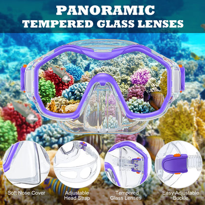 JEMULICE Taucherbrille Kinder, Schwimmbrille Kinder Schnorchelmaske für Jungen Mädchen, Tauchmaske mit Nasenabdeckung 180°Panorama HD Anti Nebel Anti-Leck Schwimmmaske für Kinder 4-16 Jahre