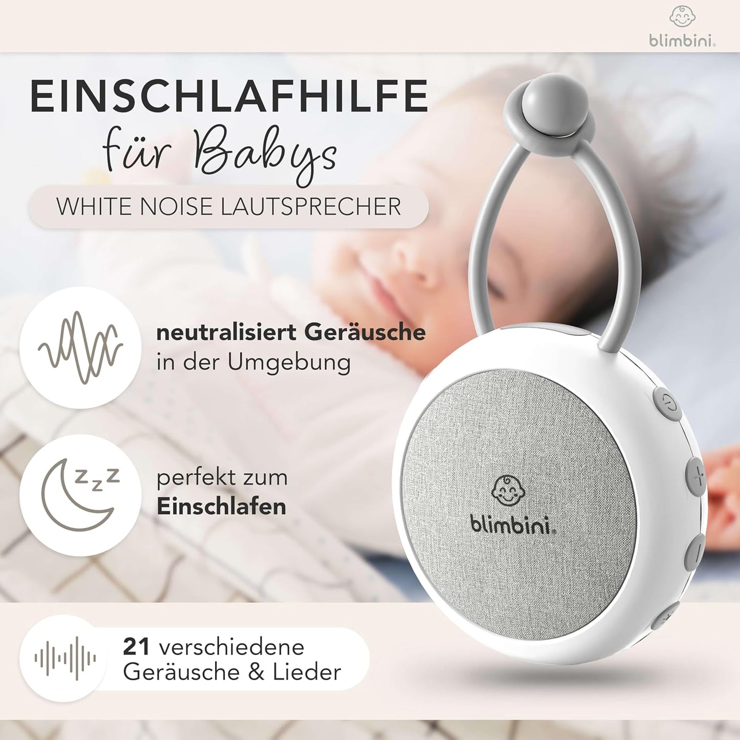 White Noise Machine Baby - Einschlafhilfe für Babys mit Nachtlicht - Regengeräusche zum Einschlafen, Meeresrauschen & Einschlafmusik - Sound Machine für unterwegs - weißes Rauschen Baby