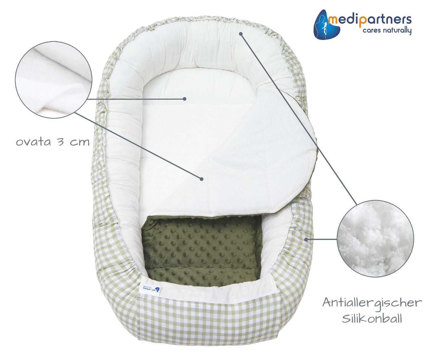 Medi Partners Babynestchen Babynest Set 100x60x15 Kuschelnest 5 teilig herausnehmbarer Einsatz Kokon Nestchen Babys Neugeborene 100% Baumwolle (REH mit Grauem Minky)