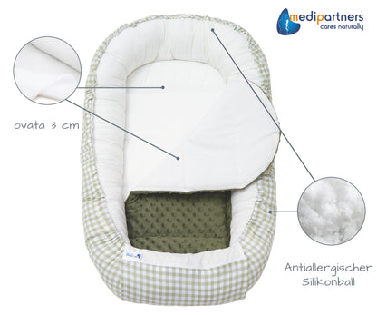 Medi Partners Babynestchen Babynest Set 100x60x15 Kuschelnest 5 teilig herausnehmbarer Einsatz Kokon Nestchen Babys Neugeborene 100% Baumwolle (REH mit Grauem Minky)