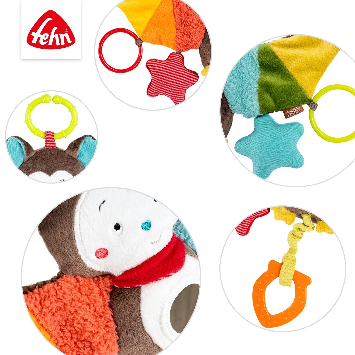Fehn Activity-Spieltier Teddy – Baby Motorikspielzeug für Kinderwagen, Kinderbett und Babyschale zum Beißen, Greifen und Geräusche erzeugen – Beißring Spielzeug für Babys und Kinder ab 0+ Monaten