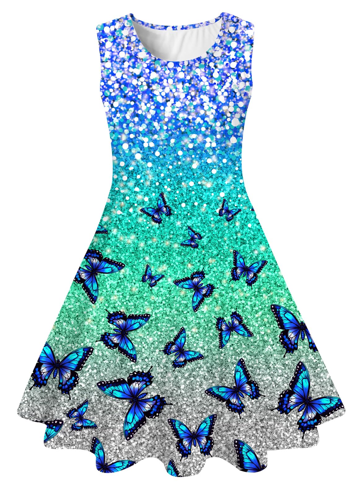 AIDEAONE Mädchenkleid Schmetterling A-Linie Ärmelloses Sommerkleid Buntes Kleid 4-12 Jahre