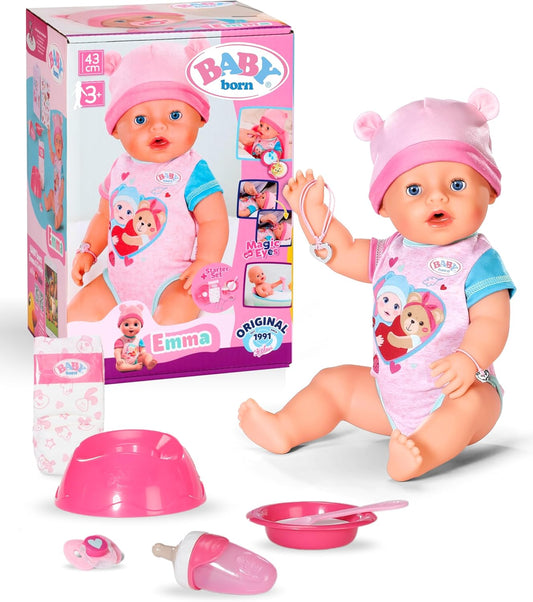 BABY born Emma - 43 cm Baby Doll - 10 Functions Including Accessories & Romper - Works Completely Without Batteries - Suitable for Children from 3 Years