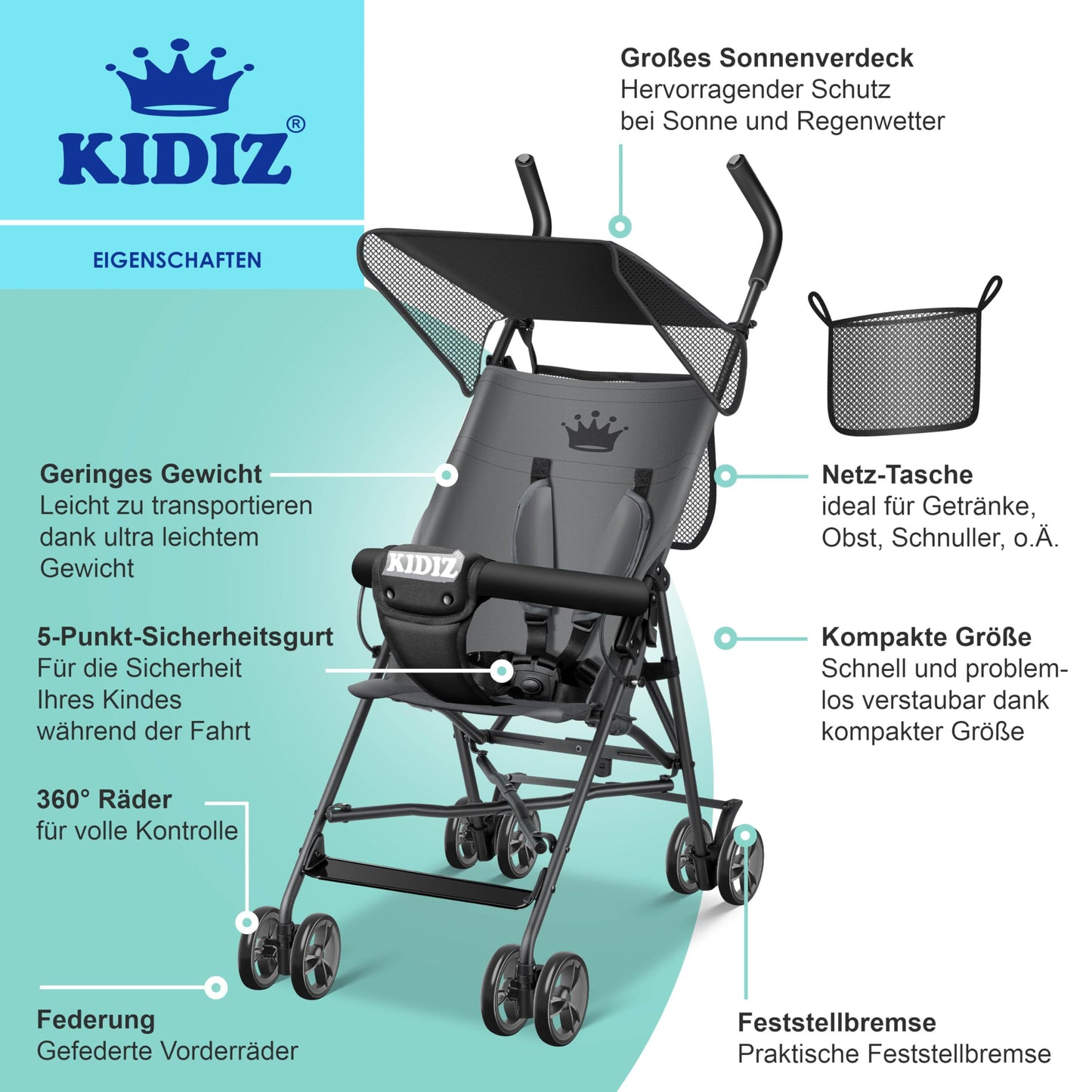 KIDIZ® City Buggy Foldable 360° 4 Inch Wheels Including Sun and Rain Cover Foldable 5-Point Safety Belt from 6 Months Anthracite - Meloni2