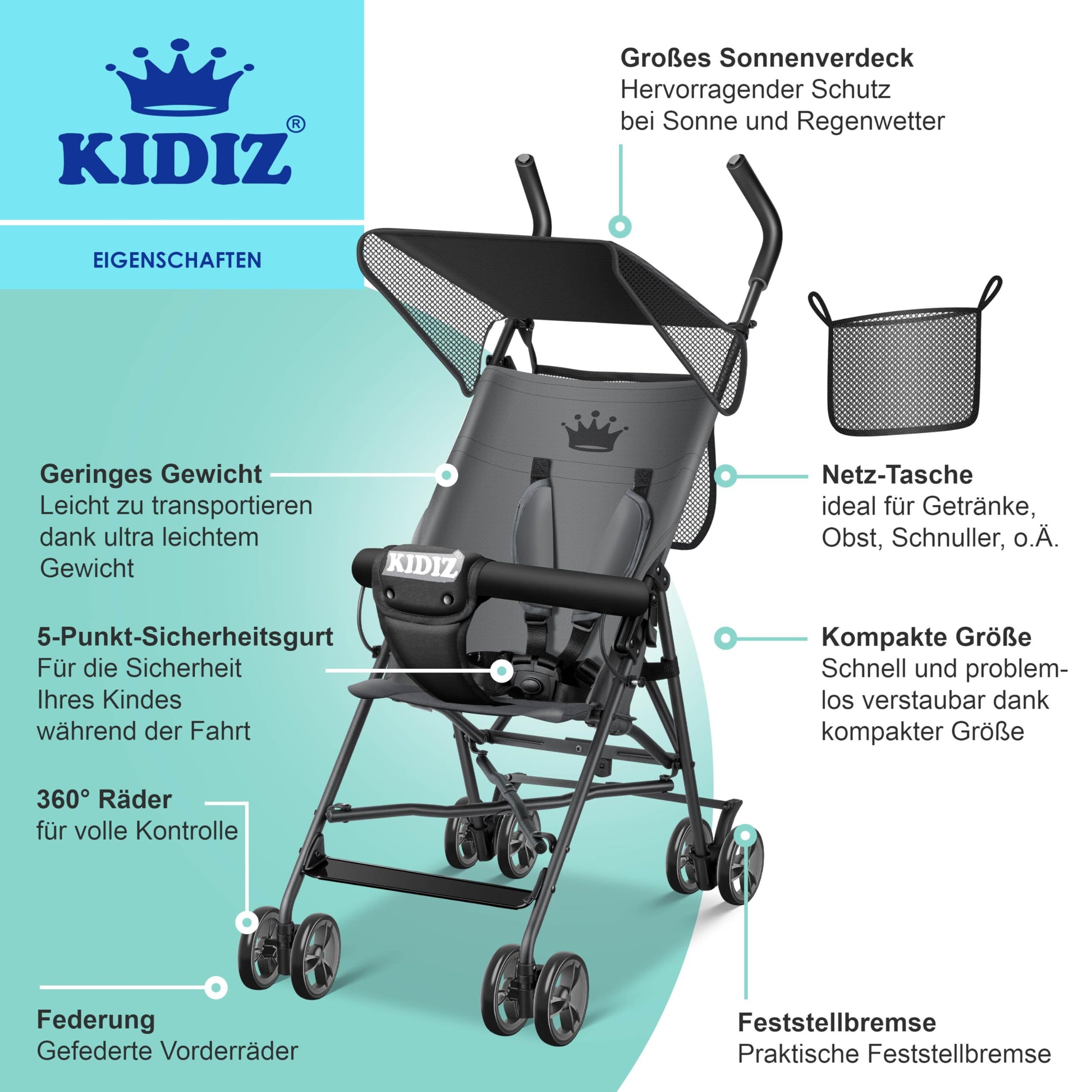 KIDIZ® City Buggy Foldable 360° 4 Inch Wheels Including Sun and Rain Cover Foldable 5-Point Safety Belt from 6 Months Anthracite - Meloni2