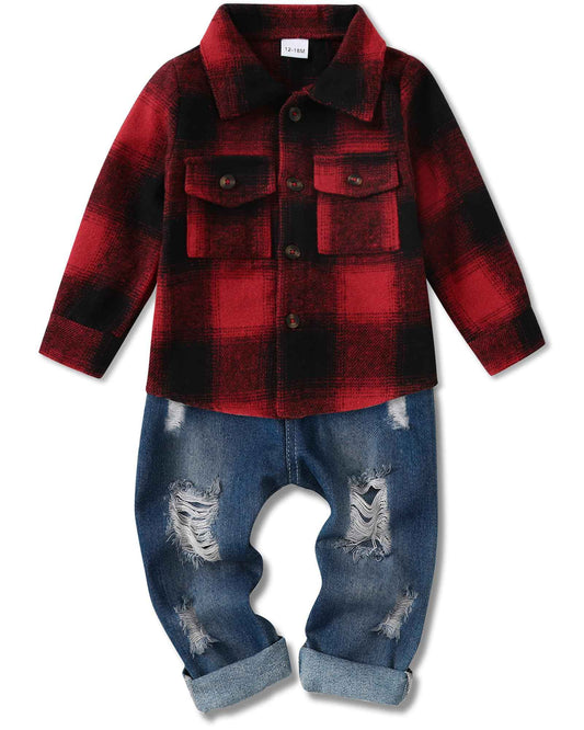 Lufebut Baby Clothing Boys 12 Months - 4 Years Winter Baby Clothing Outfit Set Long Sleeve Checked Top + Trousers Clothing Sets for Children Boys