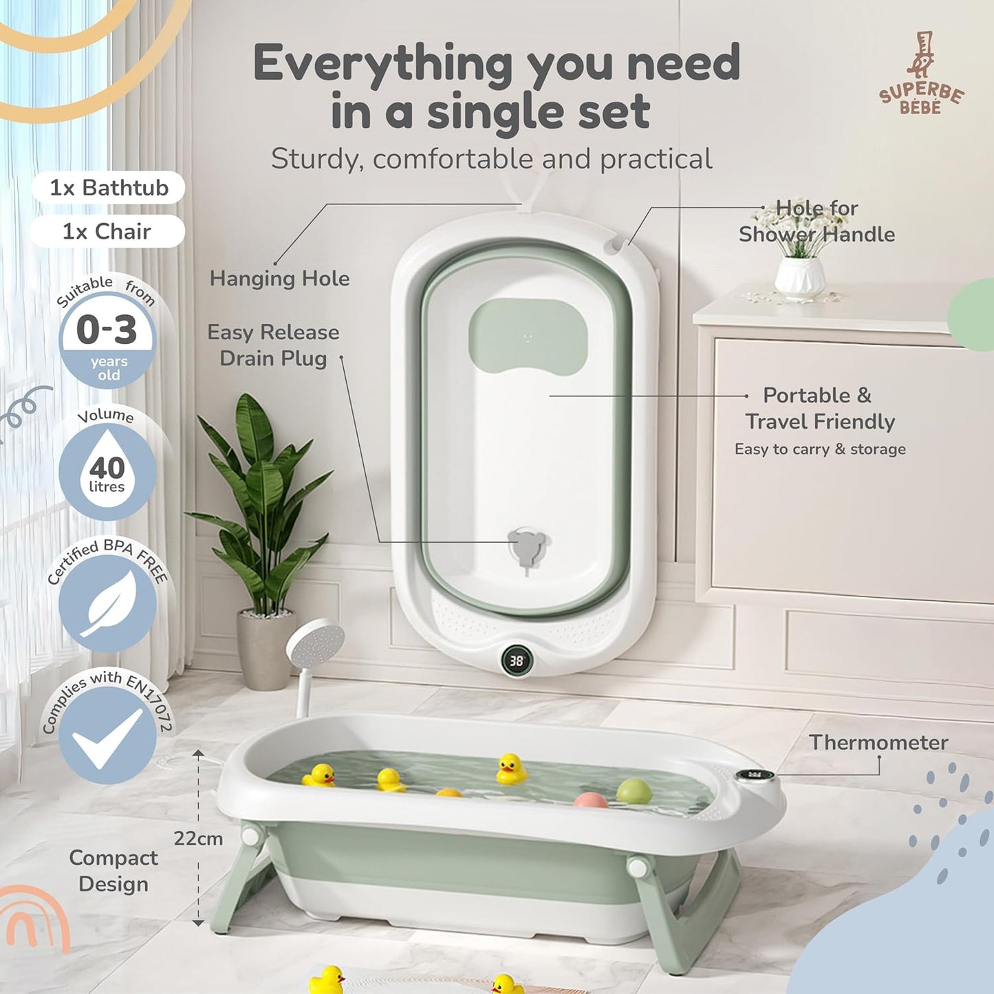 Faltbar Baby Badewanne Mit Rutschfestem Badewannensitz - Babywanne Xxl Mit Badethermometer - Von Der Geburt Bis 3 Jahre - Baby Bathtub - Babygeschenk - Geburtsgeschenke Für Mädchen & Jungen