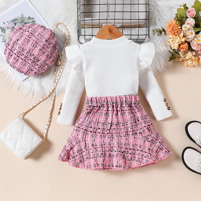 UUAISSO Kleinkind Baby Mädchen Kleidung Langarm Gerippte Oberteile Plaid Tweed Muster Rock Baskenmütze Herbst Knopf Outfits Sets