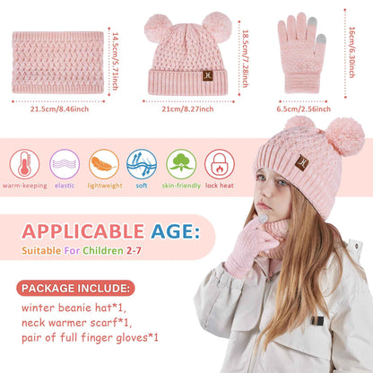 Children's Winter Hat Loop Scarf Touchscreen Gloves Set 2 3 4 5 6 7 Years Toddler Winter Hat Beanie Tube Scarf Knitted Pom Hats Gift Girls Boys