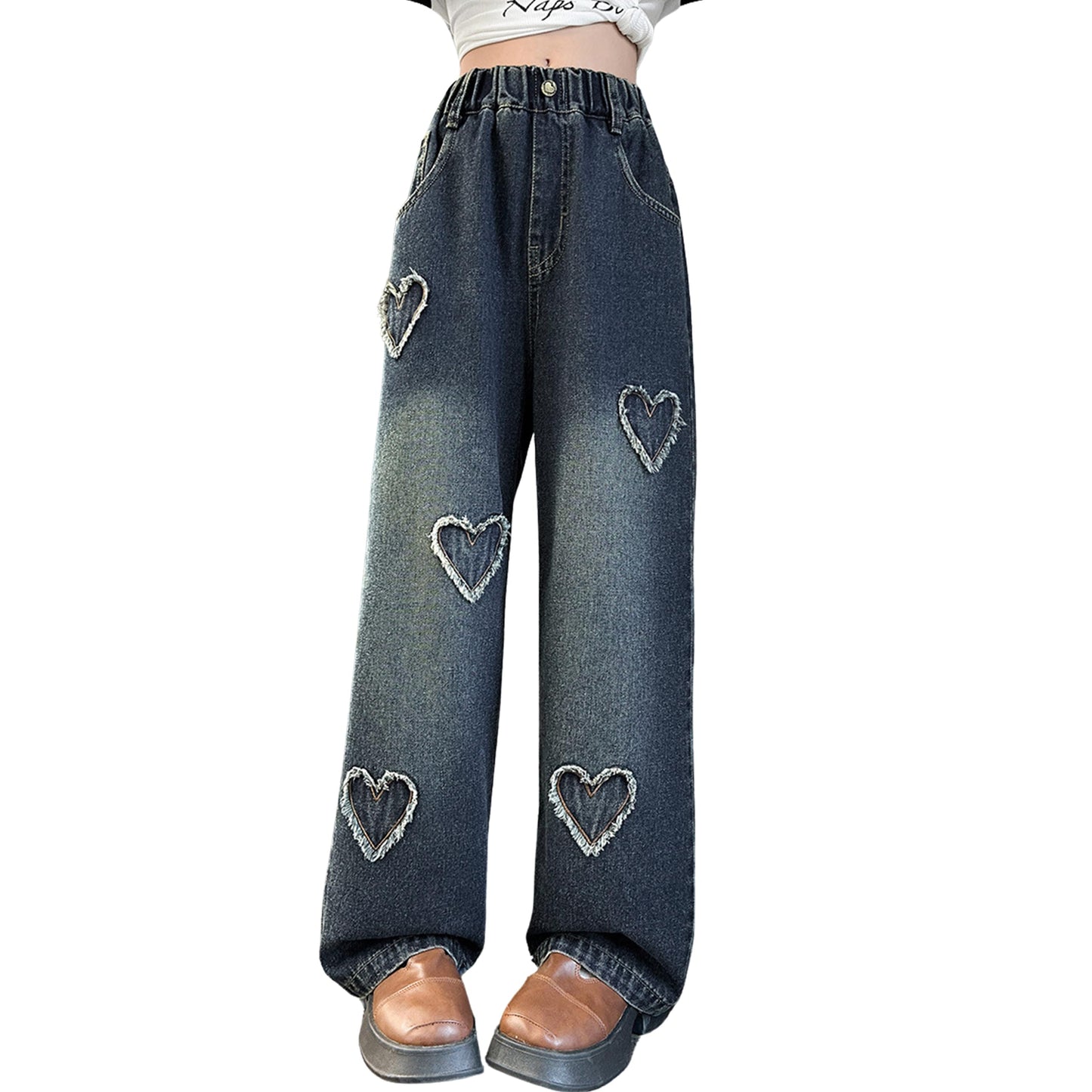 Rolanko Girls' Jeans Trousers with Hole, Denim Blue Jeans, Vintage Trousers With Wide Leg for Children