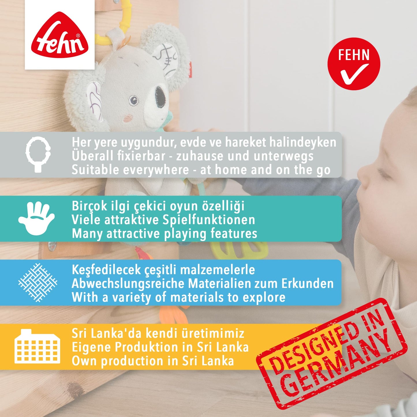 Fehn Activity-Spieltier Teddy – Baby Motorikspielzeug für Kinderwagen, Kinderbett und Babyschale zum Beißen, Greifen und Geräusche erzeugen – Beißring Spielzeug für Babys und Kinder ab 0+ Monaten