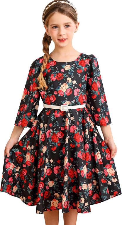 BONNY BILLY Mädchen Kleider Vintage Blumen Festlich Hochzeit Elegant Kinder Kleid mit Gürtel