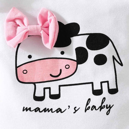 Achlibe Neugeborene Baby-Mädchen-Herbstoutfits Langarm-Kuhdruck-Strampler-Body + Bogenhose + Stirnband 3-teiliges Set