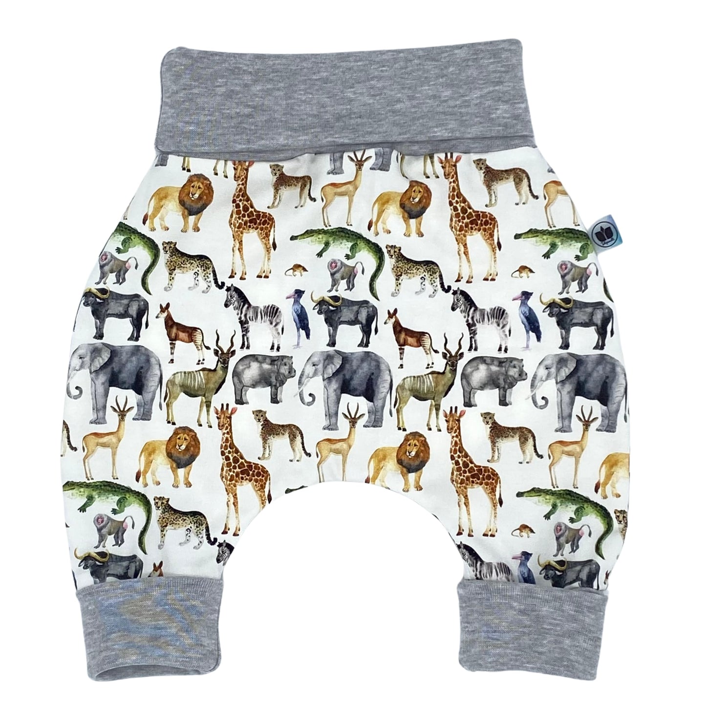 Baby Baggy Trousers, Handmade Cotton Jersey Grow Trousers, Sizes 50-74, 68-86, 92-104, Wide Waistband (Wild Life, 50-74)