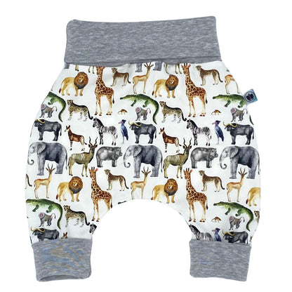 Baby Baggy Trousers, Handmade Cotton Jersey Grow Trousers, Sizes 50-74, 68-86, 92-104, Wide Waistband (Wild Life, 50-74)