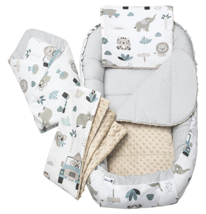 Medi Partners Babynestchen Babynest Set 100x60x15 Kuschelnest 5 teilig herausnehmbarer Einsatz Kokon Nestchen Babys Neugeborene 100% Baumwolle (REH mit Grauem Minky) - Meloni2