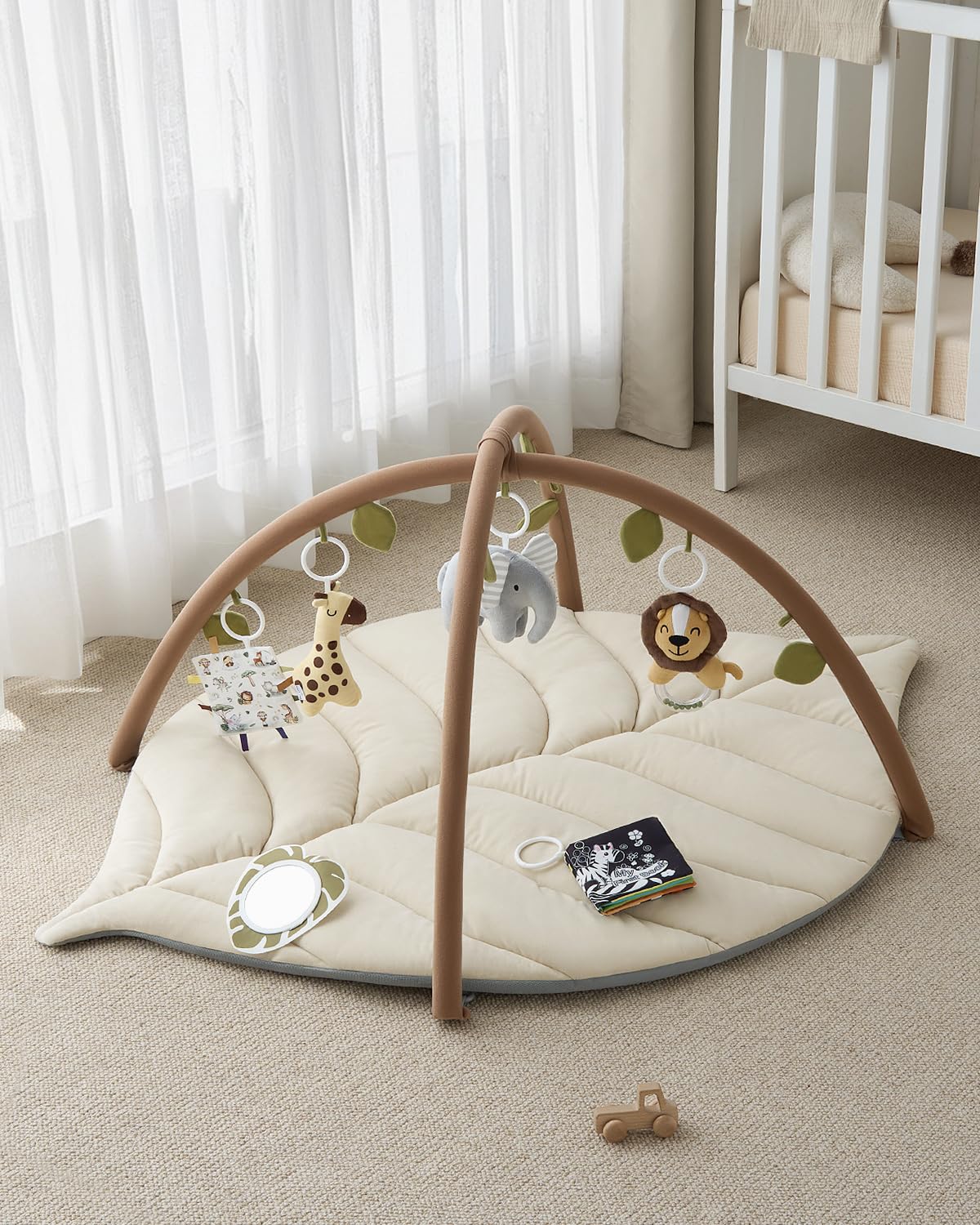 Blissful Diary Spielbogen Baby, Übergroßes Blattförmiges Spieldecke Baby Gym Activity Decke mit 6 Abnehmbare Spielzeuge, krabbeldecke Unverzichtbare Babygeschenke, Waldgrün