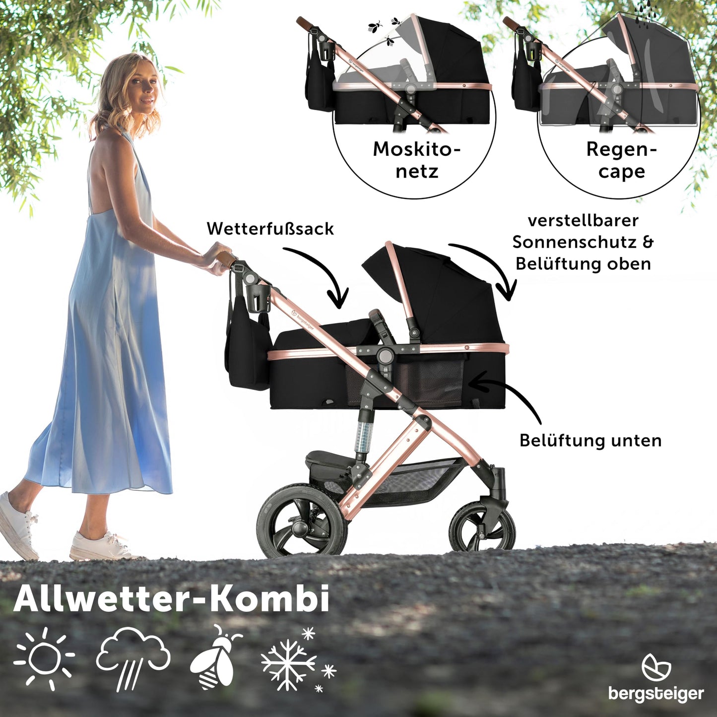 Bergsteiger Nizza 3 in 1 Kinderwagen, Kombikinderwagen Komplettset, Auto-Babyschale & Isofix Station, Babywanne & Buggy Sportsitz inklusive