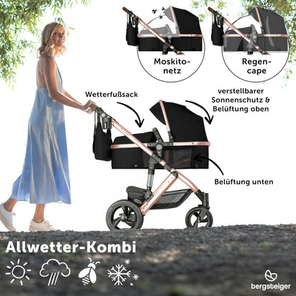 Bergsteiger Nizza 3 in 1 Kinderwagen, Kombikinderwagen Komplettset, Auto-Babyschale & Isofix Station, Babywanne & Buggy Sportsitz inklusive