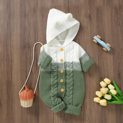 OBEEII Newborn Baby Knitted Romper Jumpsuit with Hood Ear Onesies Pullover Winter Warmer Onesie Bodysuit for Boys Girls