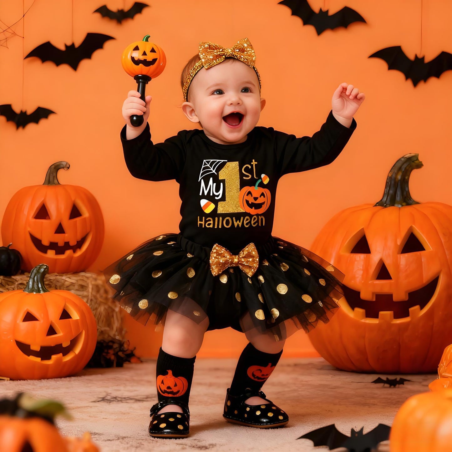 Baby Girl Halloween Outfit, My First Halloween Baby Girl Clothing, Halloween Outfit Baby, Newborn Halloween Baby Pumpkin Romper + Tutu Skirt + Leg Warmer + Headband, Baby Clothing Halloween
