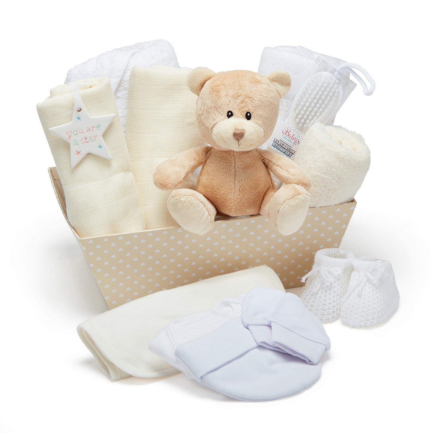Baby Box Shop 14 Baby Gifts for Birth Boy, Ideal for Baby Showers, Baby Shower Gifts, with New Baby Essentials for Newborn Boys and a Blue Plush Teddy Bear