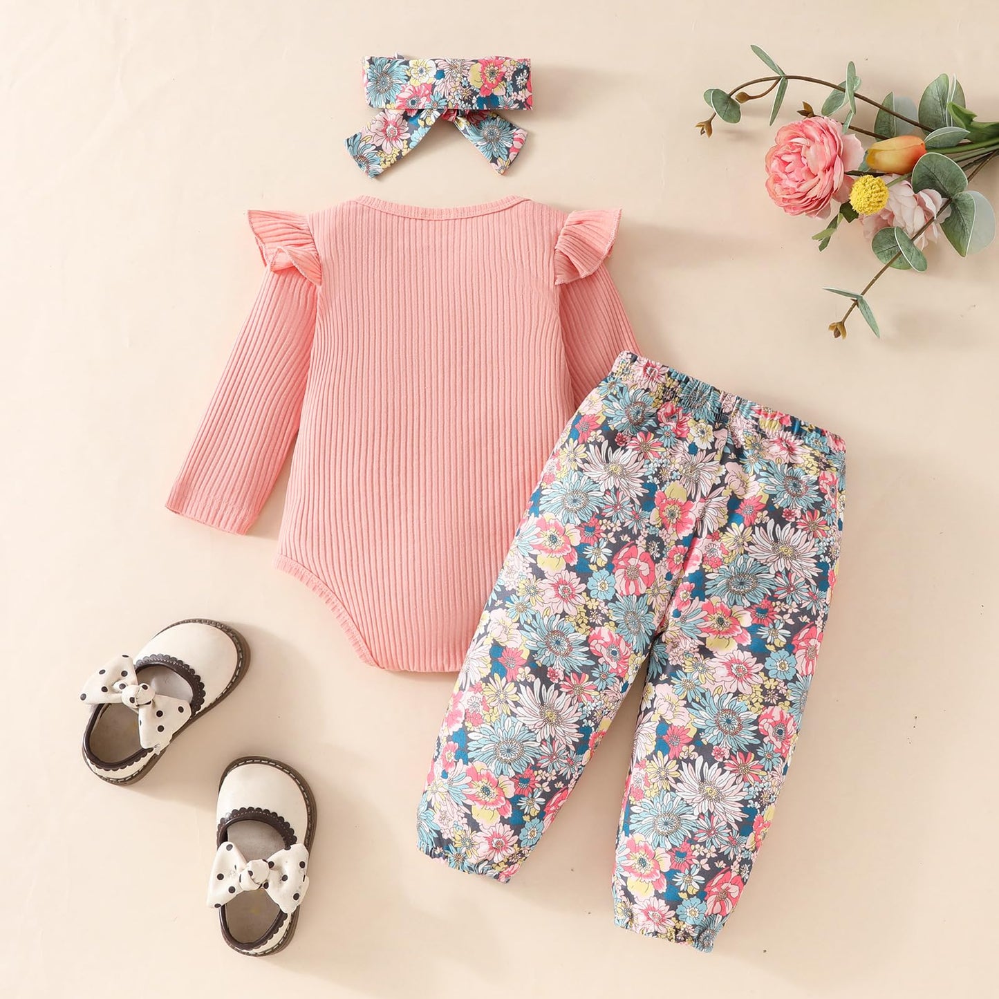 Neugeborenes Baby Mädchen Kleidung Kleinkind Gerippte Rüschen Langarm Strampler + Floral Hosen + Stirnband Nette Herbst Outfit Set