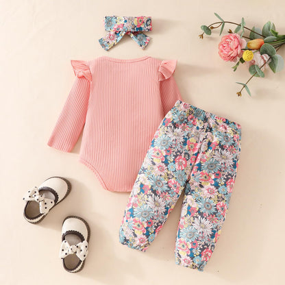 Neugeborenes Baby Mädchen Kleidung Kleinkind Gerippte Rüschen Langarm Strampler + Floral Hosen + Stirnband Nette Herbst Outfit Set
