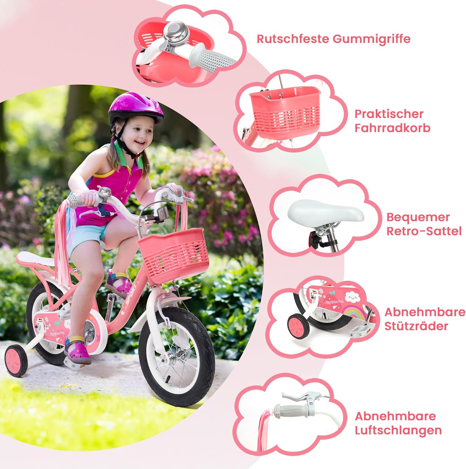 BODIOO 14 Zoll Kinderfahrrad Fahrrad für Mädchenmit und Jungen Stützrädern & verstellbarem Sattelfür Spielrad mit Korb & Klingel Fahrer von 94 bis 107 cm-Rosa - Meloni2