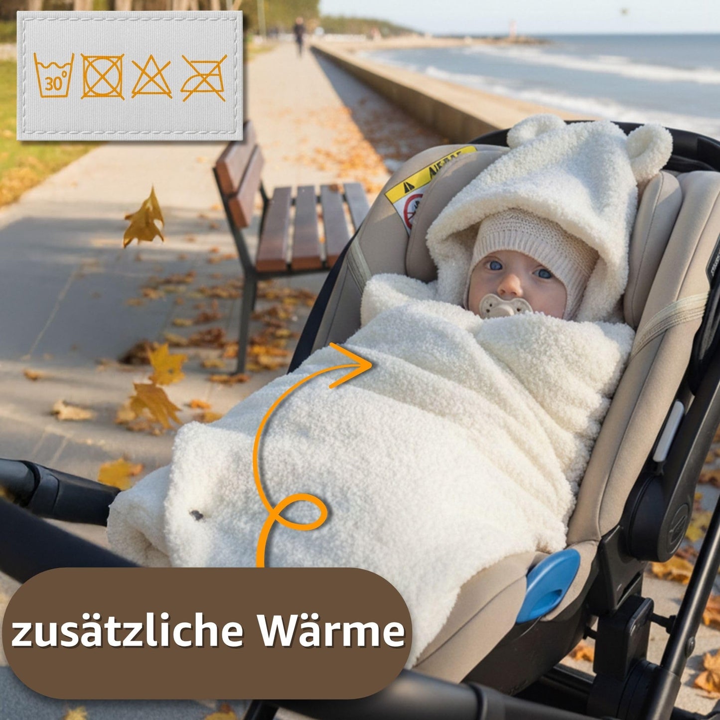 Kuschelige Boucle Einschlagdecke für Babyschale & Kinderwagen – warme Babydecke beidseitig mit Kapuze für Neugeborene – Premium Teddy für den Winter 90×90 cm Hellgrau