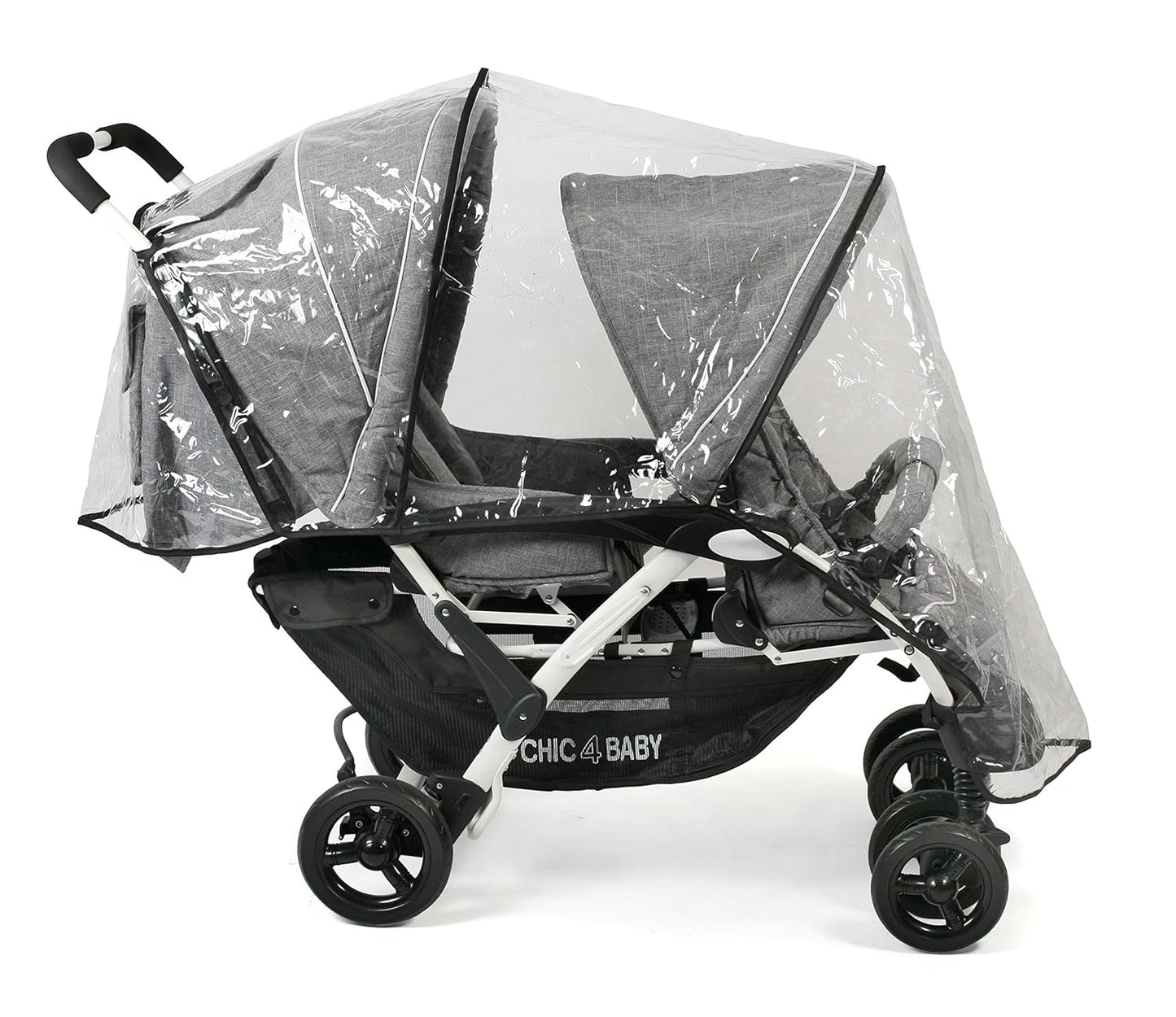 CHIC 4 BABY - Geschwisterwagen DUO mit Tragetasche und Regenschutz, Geschwisterkinderwagen für zwei Kinder, Zwillingswagen, Zwillingsbuggy, Tandemkinderwagen, Tandembuggy, Kinderwagen, Jeans grau
