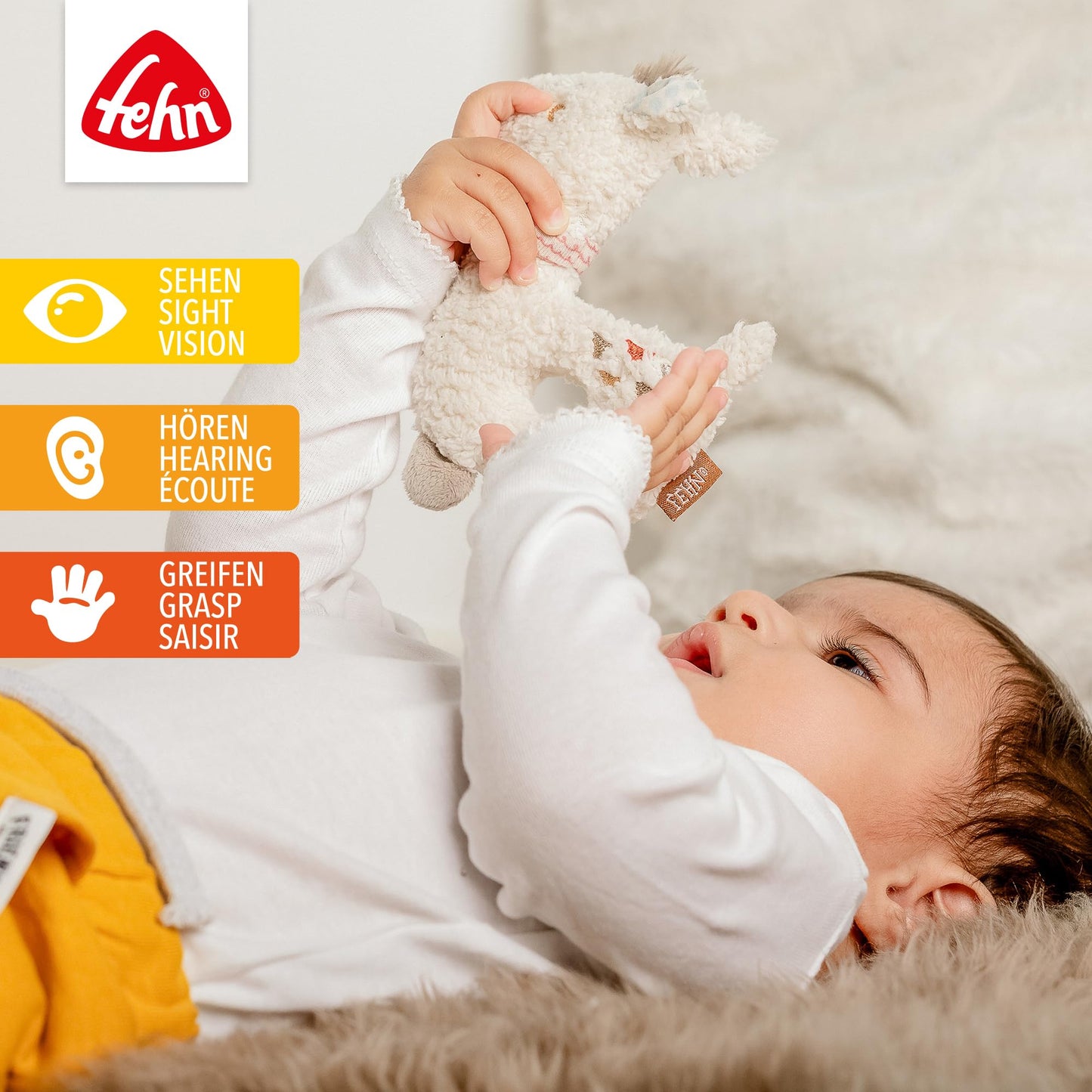 Fehn Baby Ring Greifling Lama - Kuscheltier Babyspielzeug mit Rassel - Motorikspielzeug für das spielerische Lernen - Plüschtier als Einschlafhilfe - Spielzeug für Babys & Kleinkinder ab 0+ Monaten