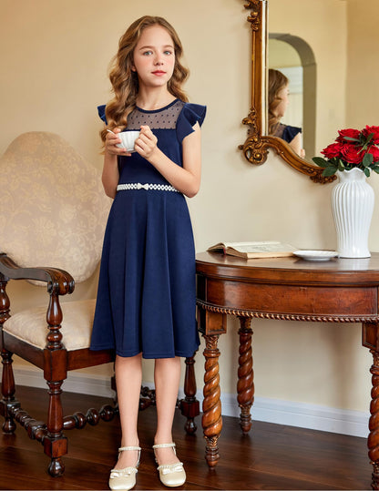 Arshiner Girls Dress Summer Dress Ruffle Short Sleeve Mesh A Line Casual Party Dresses with Pockets Kids Dresses for 6-13 Years 