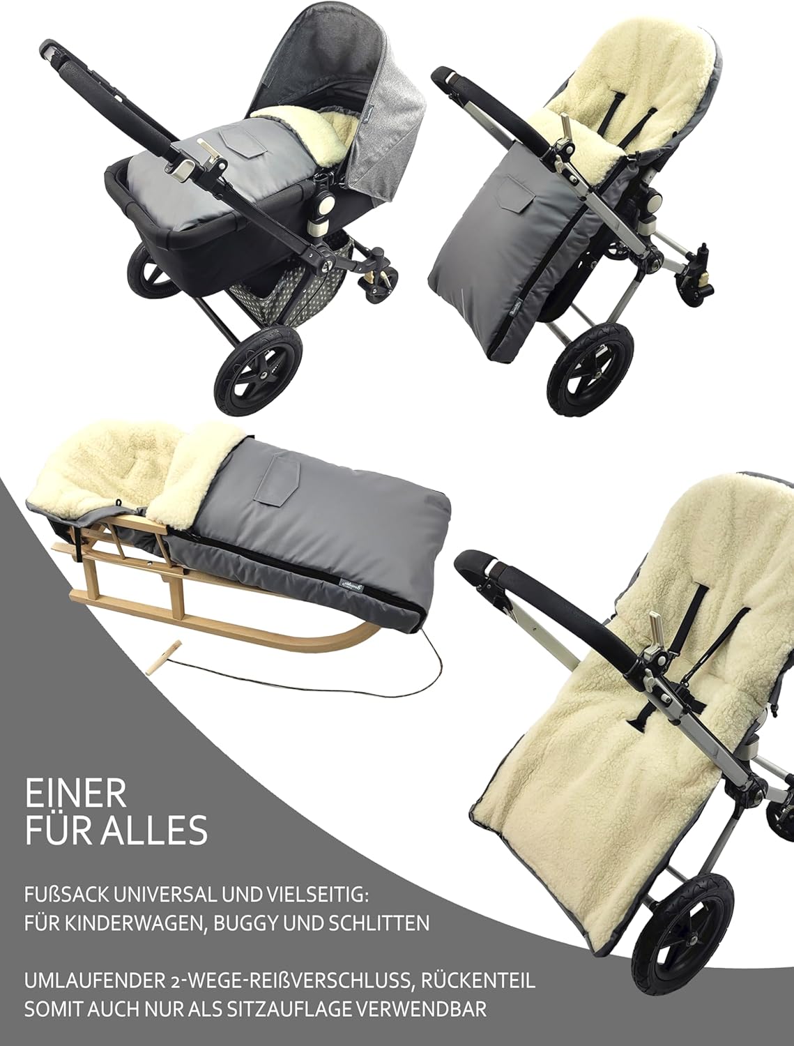 Bambiniwelt Combination Offer Wooden Sledge with Backrest and Pull Rope + Universal Winter Foot Muff (108 cm), Also Suitable for Baby Seat, Pushchair, Buggy, Made from Wool Uni