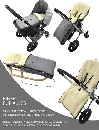 Bambiniwelt Combination Offer Wooden Sledge with Backrest and Pull Rope + Universal Winter Foot Muff (108 cm), Also Suitable for Baby Seat, Pushchair, Buggy, Made from Wool Uni
