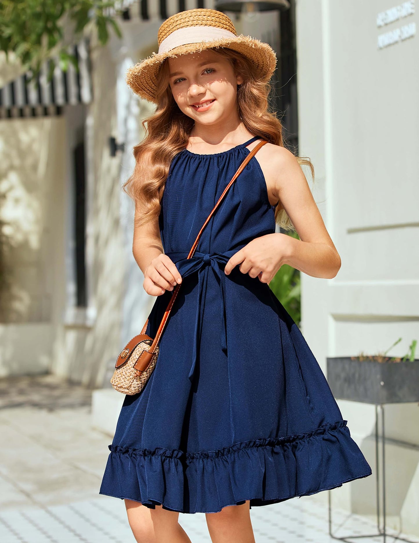 Arshiner Mädchen Kleid Neckholder Sommerkleid Rüschensaum Midikleid A-Linie Kinderkleid Swing Partykleider Abendkleid Kinder Festliche Kleider Freizeitkleid mit Gürtel 6-14 Jahre
