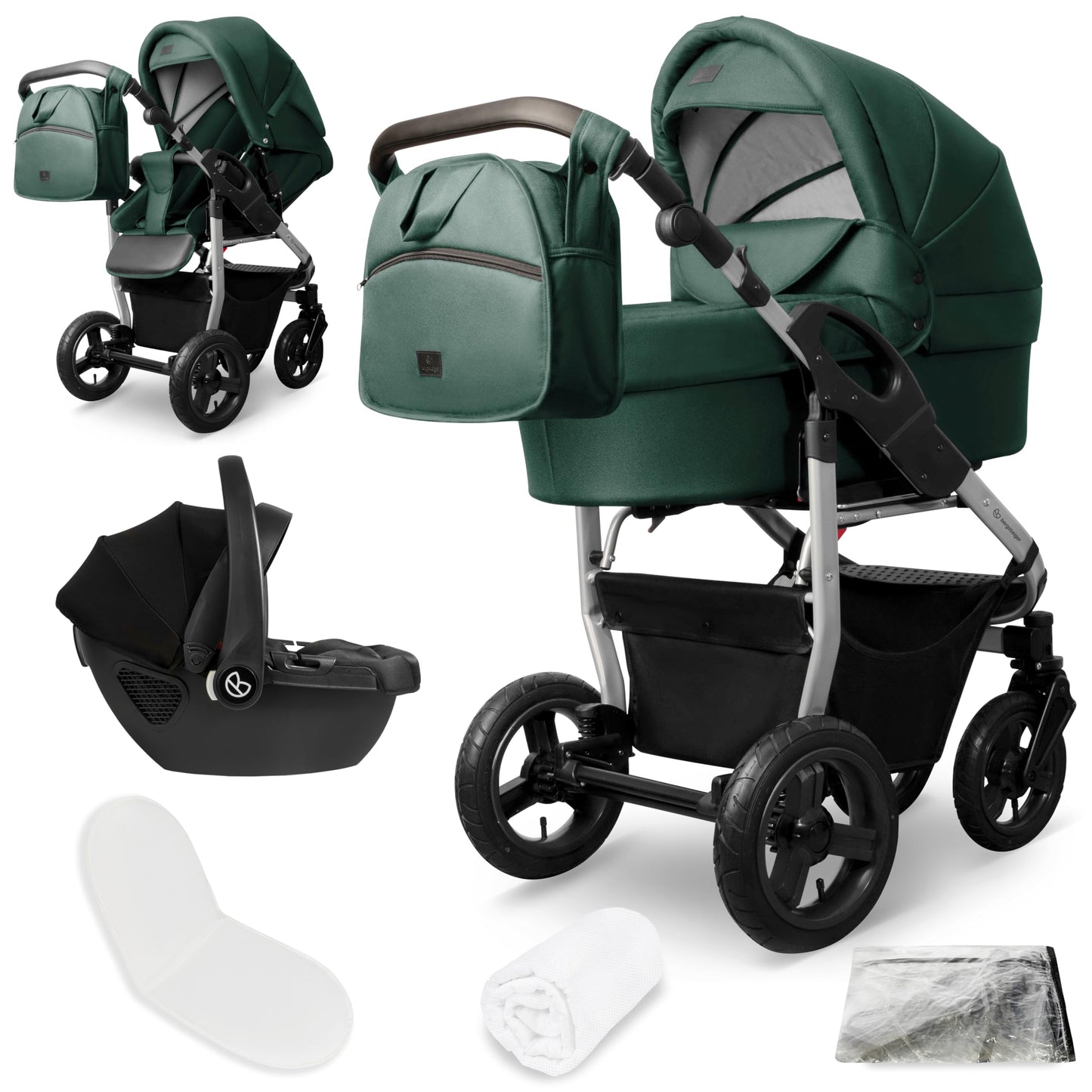 Bergsteiger Capri 3-in-1 Combination Pushchair - Baby Carrier, Sports Seat & i-Size Baby Seat, Pneumatic Tyres, Suspension, Height-Adjustable Handle, Foldable, Accessories